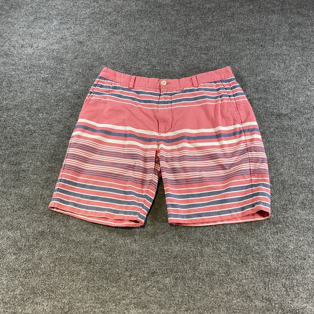 Vineyard Vines Breaker Shorts Mens 36 Salmon Pink Navy White Striped Cotto Chino